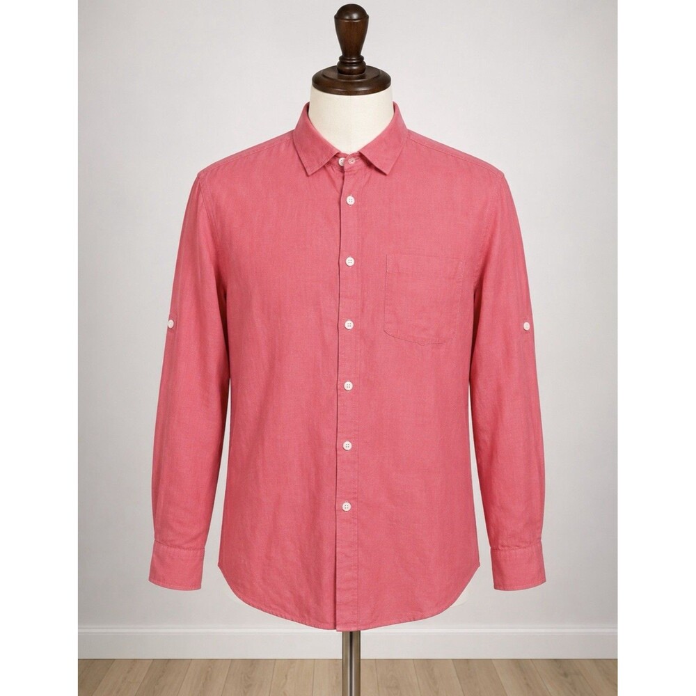 Tommy Bahama Linen Shirt L Pink Button Front Roll Tab Pocket Coastal Beach